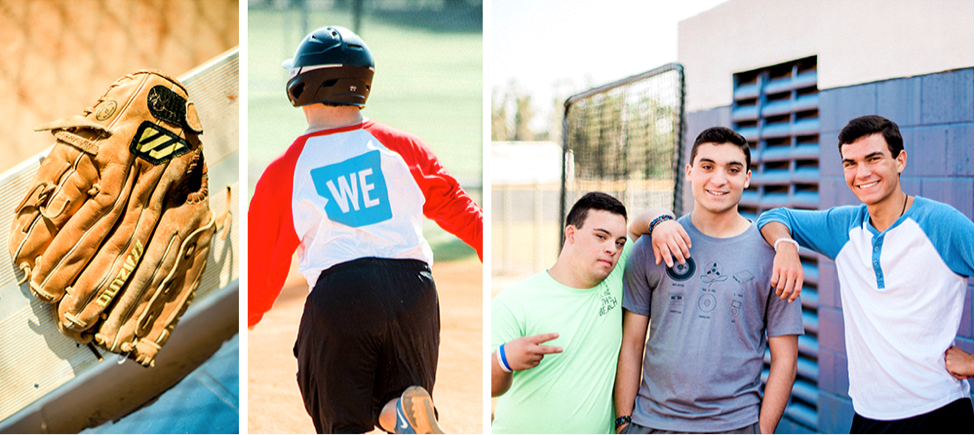 Left: A baseball glove. Center: Christian playing baseball. Right: Johnny, Christian and a friend.